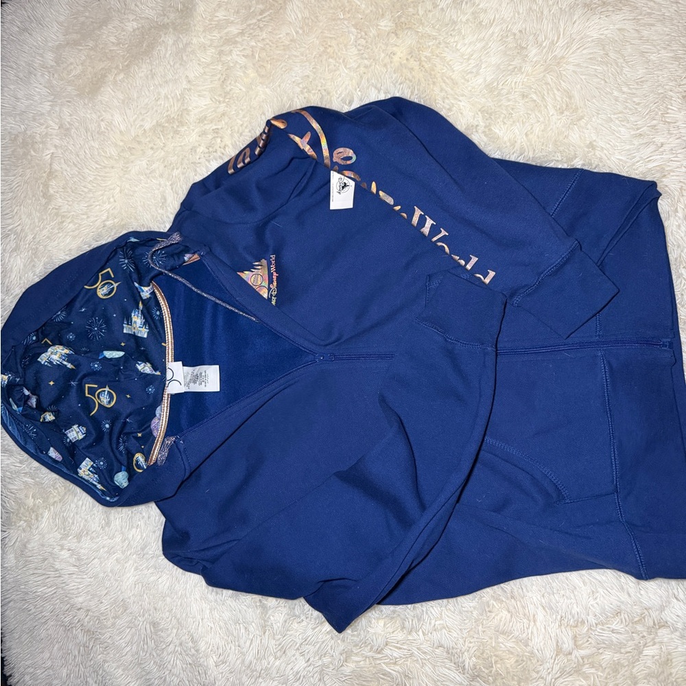 Navy Zip-Up Hoodie with Patterned Hood Lining